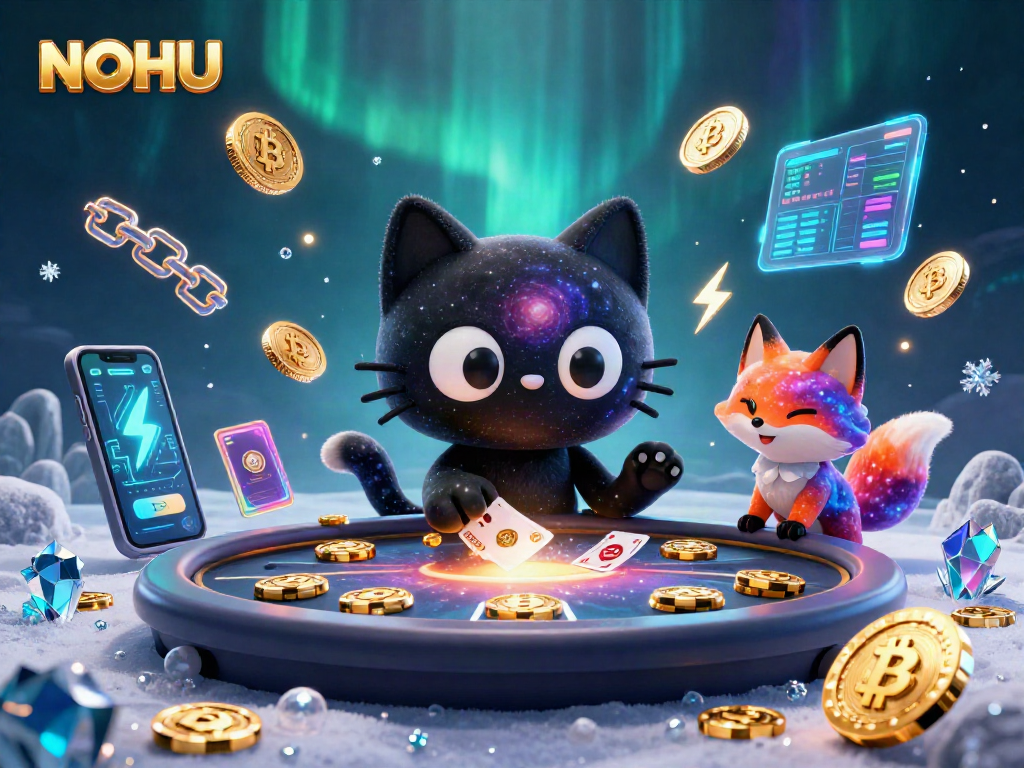 Engage with NOHU in a vibrant cosmic casino, with animated Bitcoin and Ethereum elements.