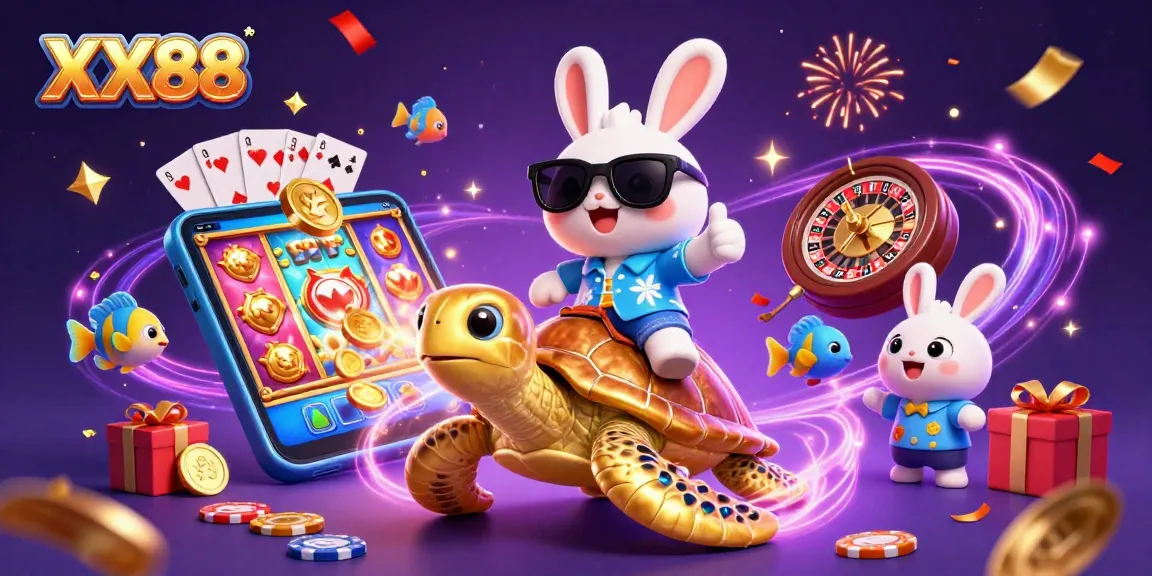 Win big with XX88 at this vibrant online casino scene featuring the lucky rabbit and golden turtle.