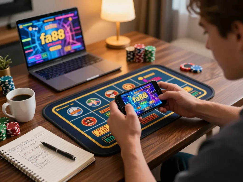 Engaging moment playing fa88 online on a smartphone with colorful graphics and strategic notes.