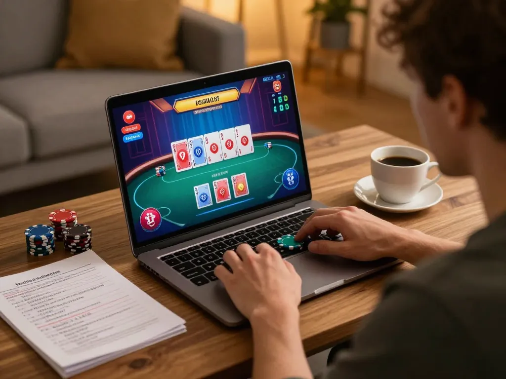 Player enjoying poker gameplay on 98win's online casino platform from home, showcasing strategic approach.