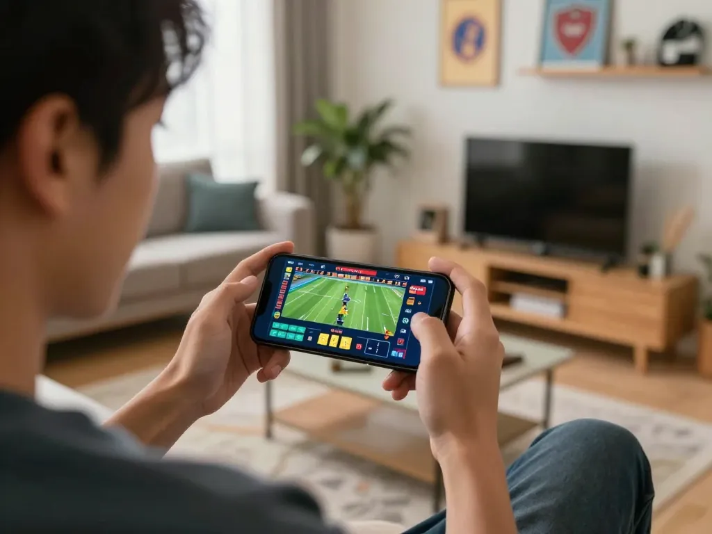Player exploring hytw3339 sports betting app on smartphone in a cozy home setting