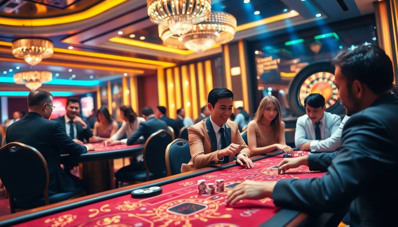 Mocbai casino showcasing luxurious gaming tables and poker chips, capturing high-stakes excitement.