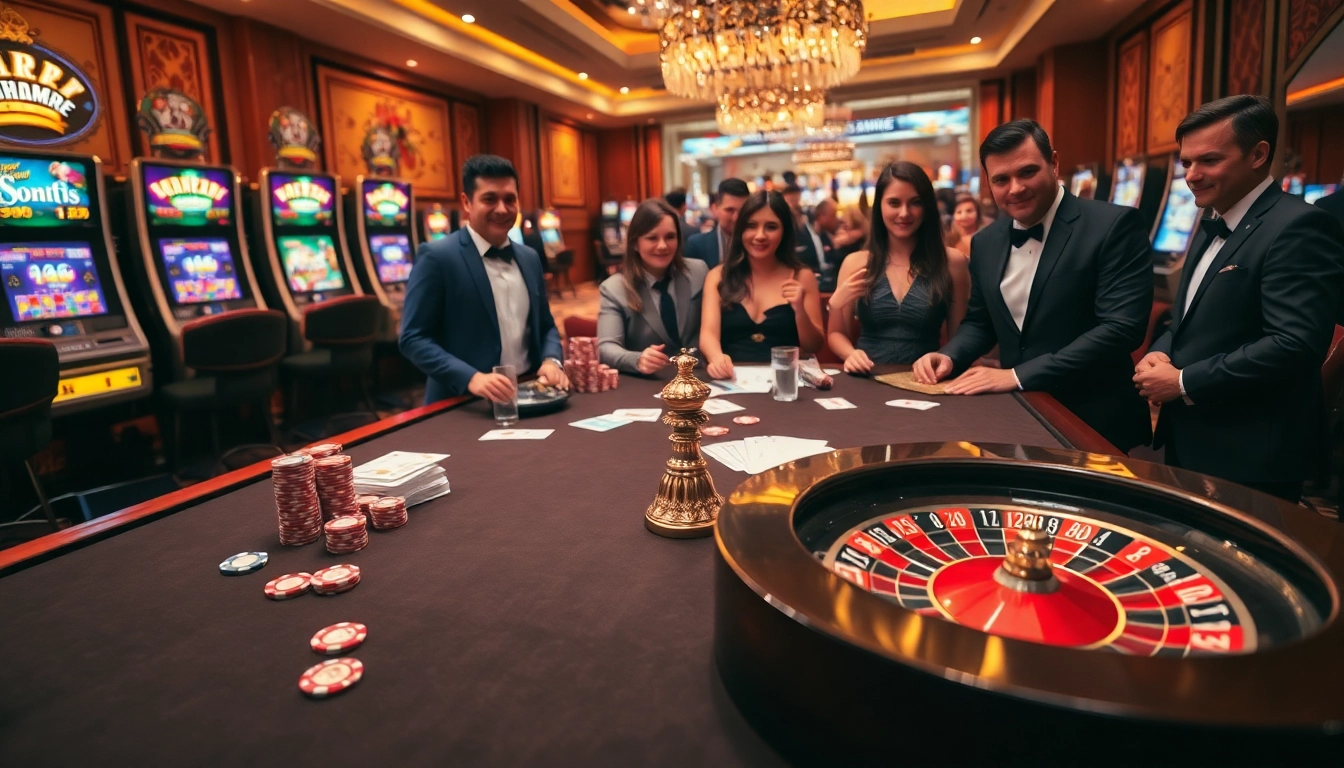 Exciting RR88 casino gaming scene with players at a roulette table and vibrant slot machines.