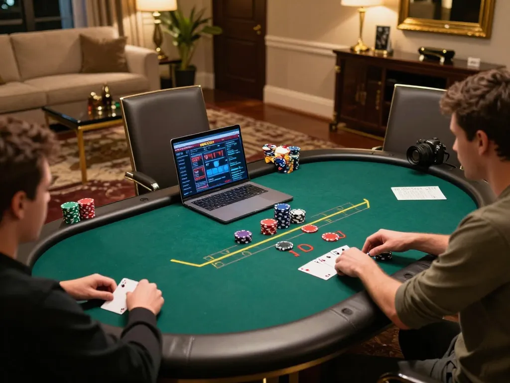 Fly88 player engaging in a live dealer poker game on a laptop, emphasizing strategic gameplay.