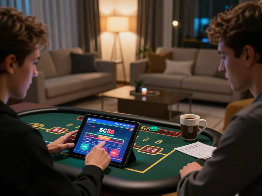 Engaging player interacting with the SC88 online casino app on a tablet in a cozy living room.