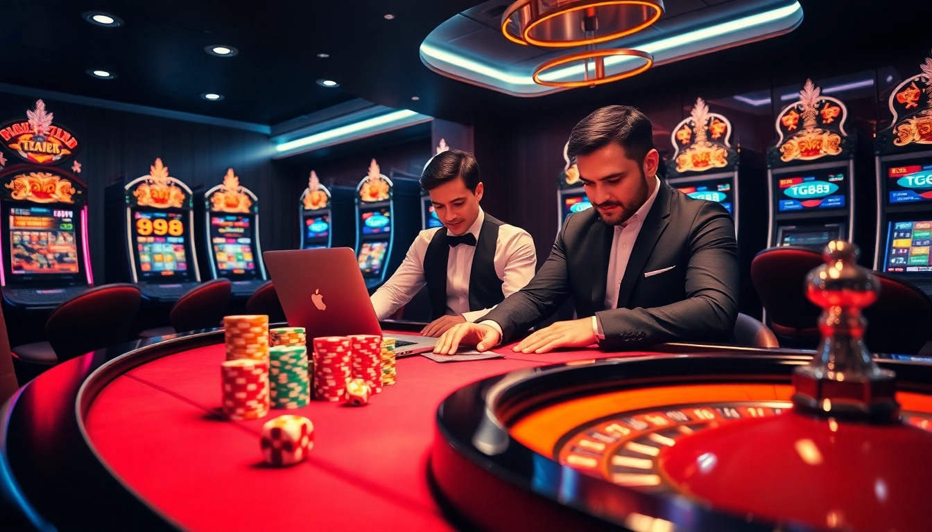 Experience the thrill of online gambling at TG88.cafe with poker chips, roulette wheel, and vibrant slot machines.
