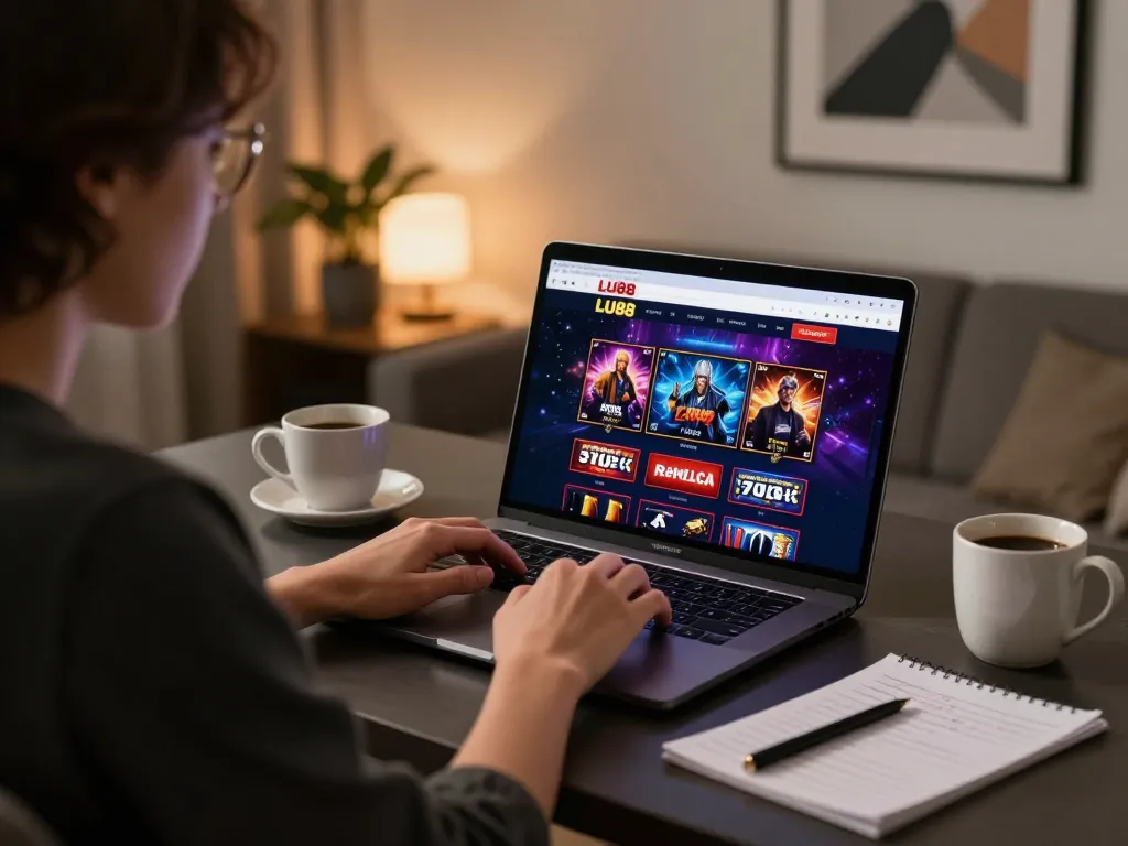 Playing games on LU88 online casino site from home setup with laptop and notes.