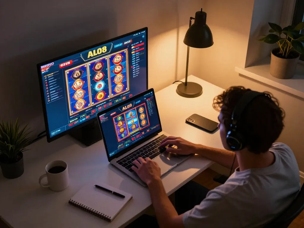 Engaging online gaming scene with ALO8 displayed on laptop, cozy home atmosphere.
