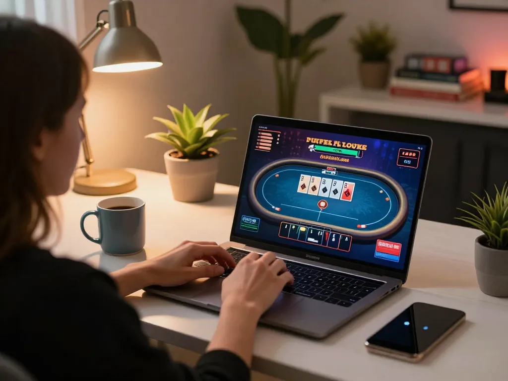 Engaging online gaming experience with Ok9 poker gameplay on laptop at stylish home setup