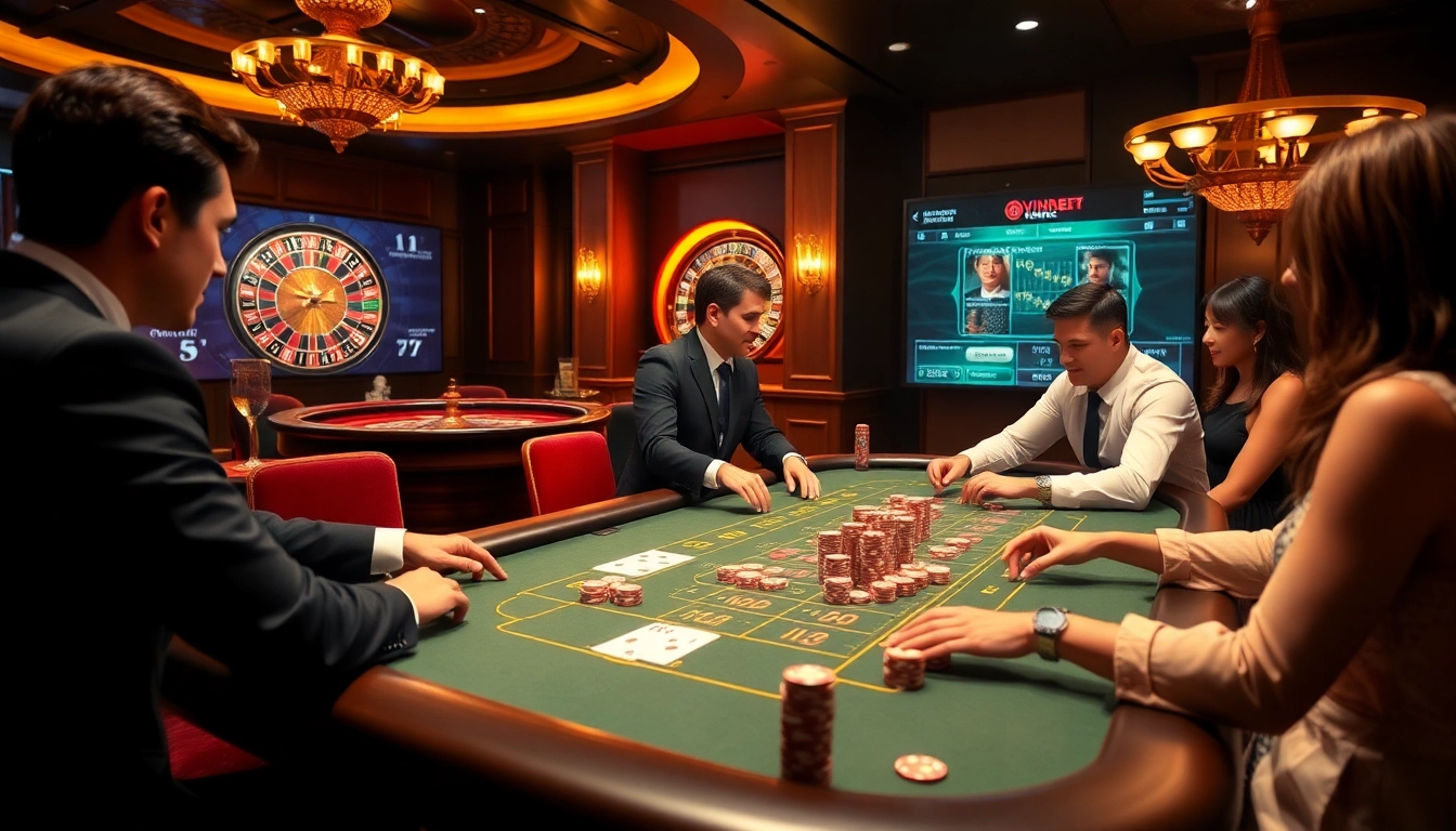 Players strategize in a thrilling poker game at https://vin88ac.com/, surrounded by vibrant casino elements and professional ambiance.
