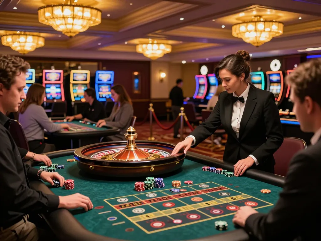 Engaging gameplay at an HM88 roulette table with players placing bets in a vibrant casino.