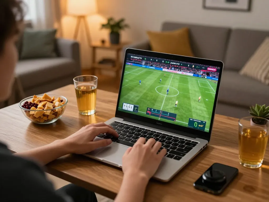 CakhiaTV user enjoying a live football match on their laptop with snacks around in a cozy home setting.