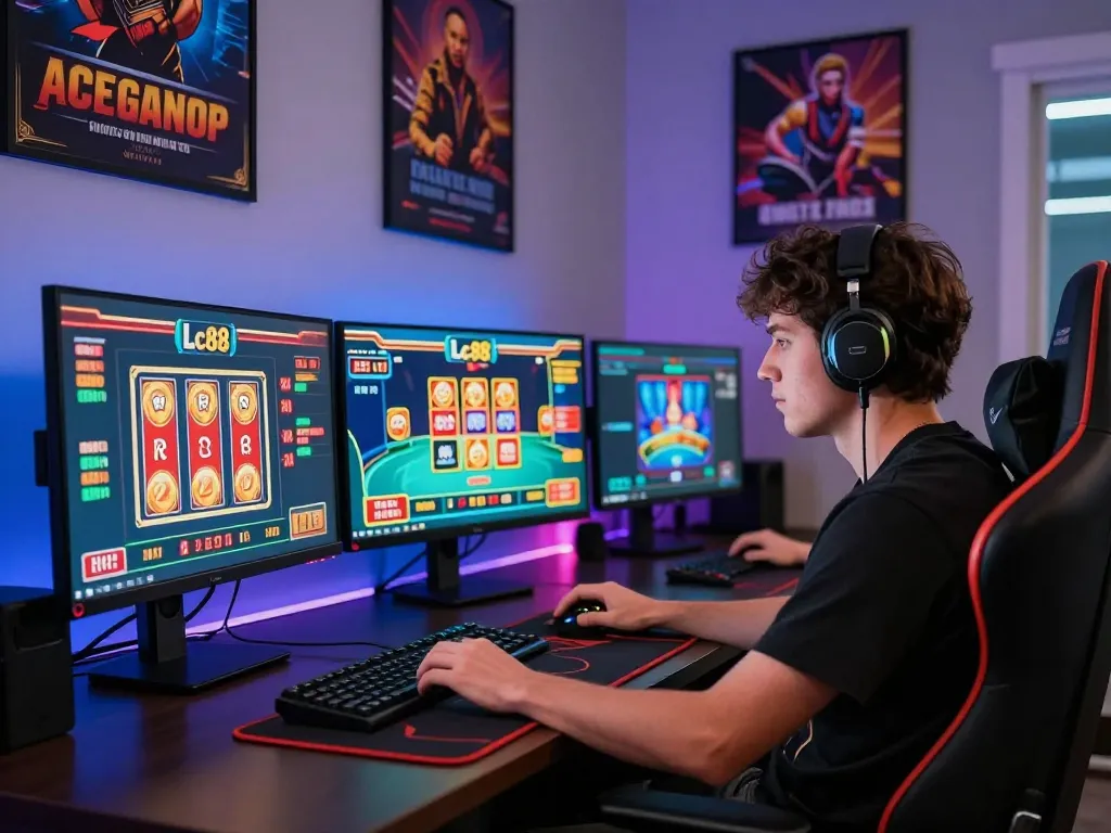 Player engaging with Lc88 casino games on multiple screens, showcasing modern online gambling experience.