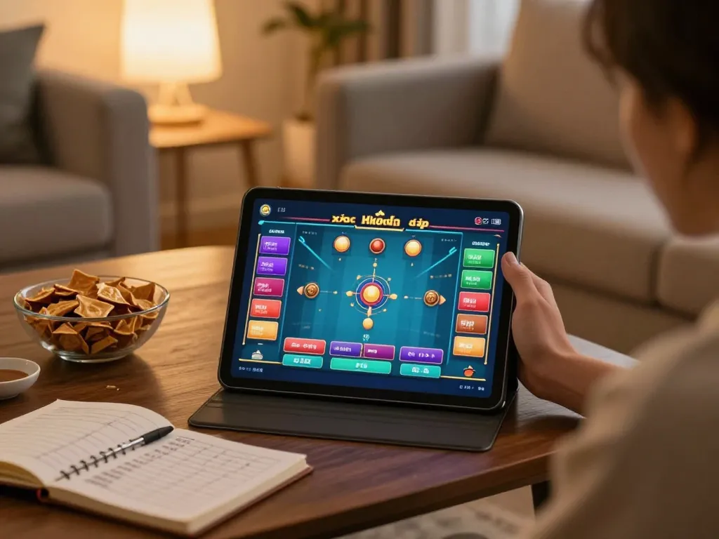 Xóc đĩa online gameplay on a tablet in a cozy living room setting, showcasing betting strategies and comfortable ambiance.