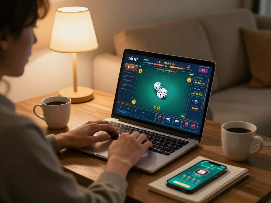 Tài xỉu online gaming session at home, showcasing a player engaging with the game interface on a laptop