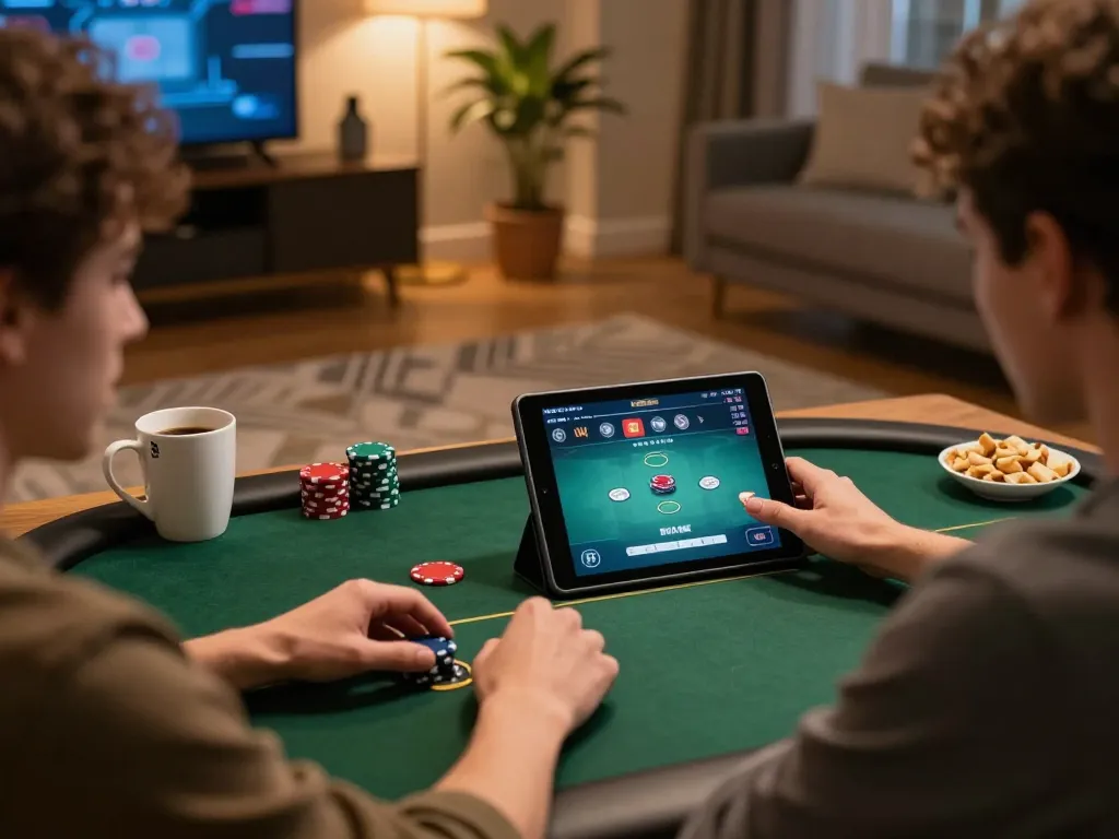 Người chơi sử dụng LUCK8 trên máy tính bảng trong khi thưởng thức trò chơi poker tại một phòng khách ấm cúng.