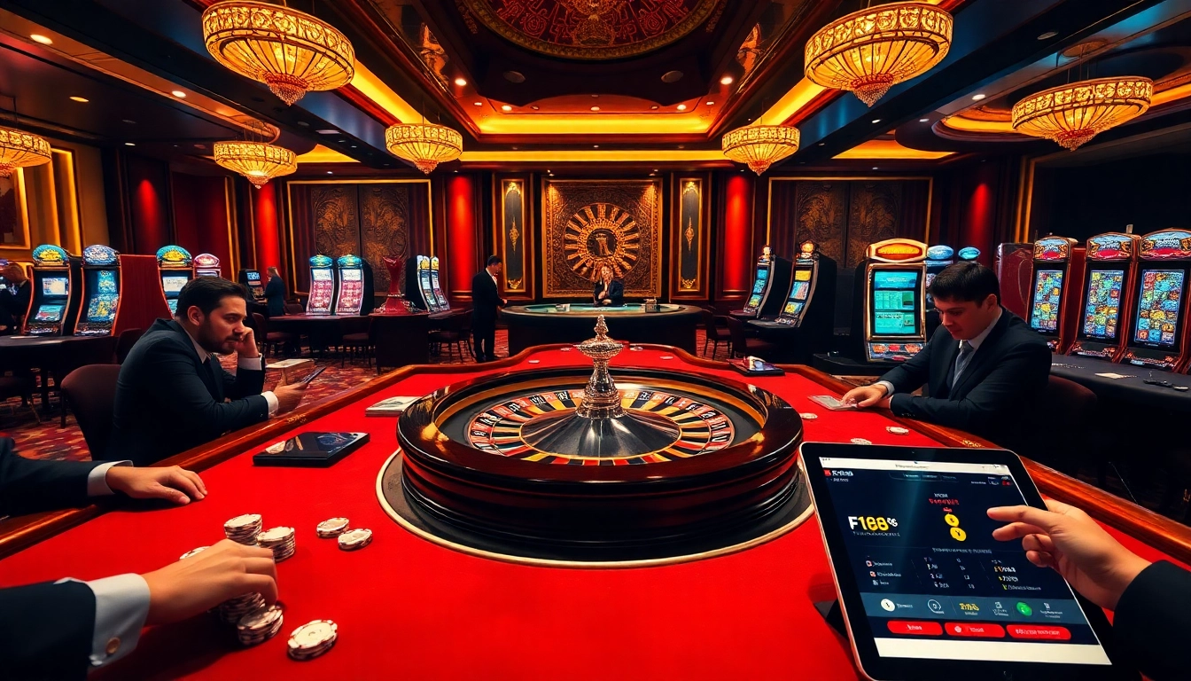 Exciting casino scene with roulette wheel and poker tables, featuring https://f168.vision/ as the premier gambling platform.