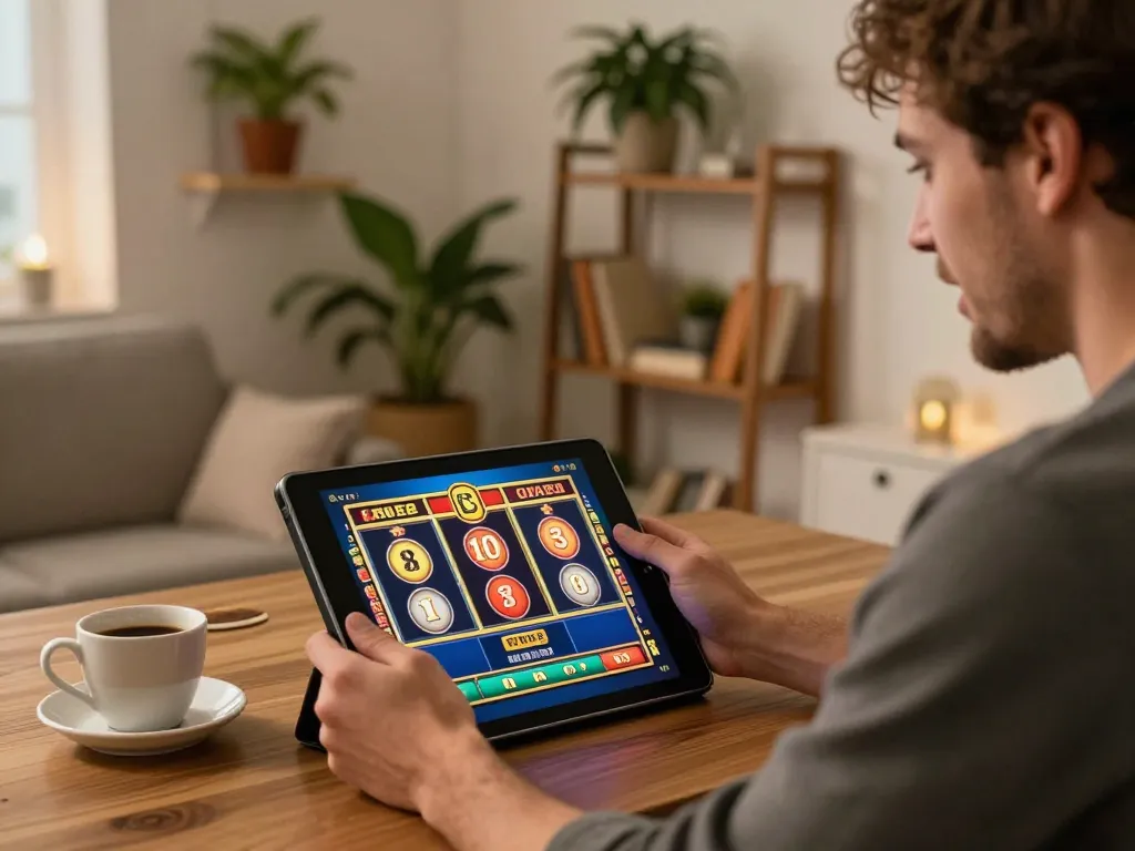 ALO8 player enjoying an exciting slot game on tablet in a cozy home setup.