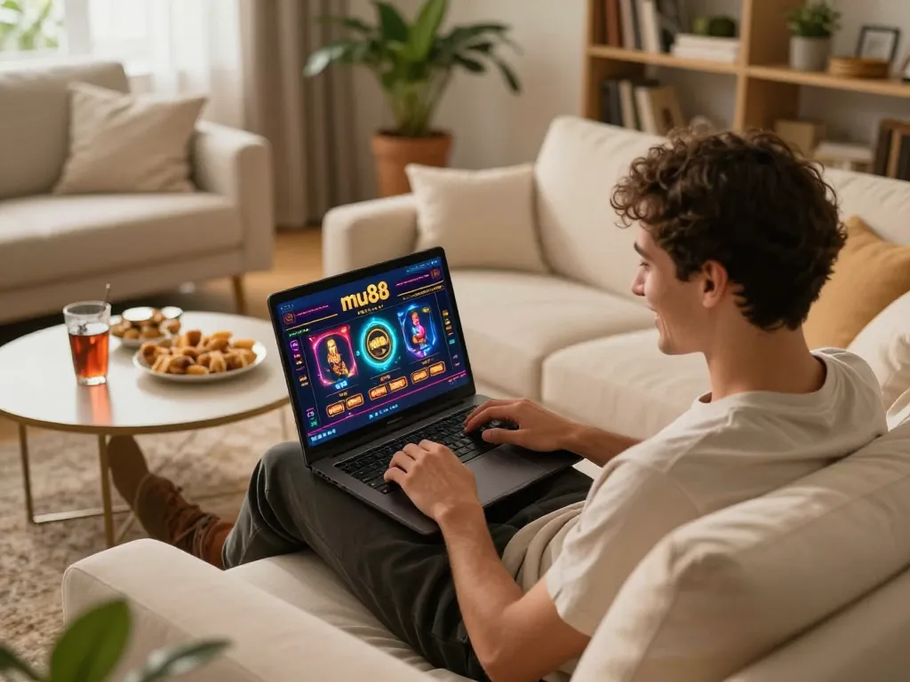 Engaging with mu88 online casino on a laptop at home with a cozy atmosphere.