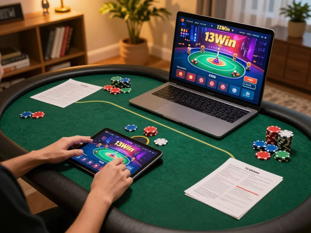 Engaged gamer explores 13Win's poker platform on tablet, showcasing vibrant graphics and strategic gameplay.