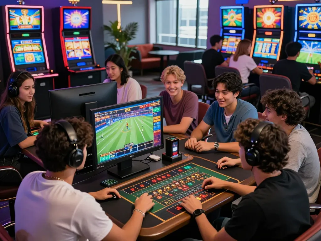 Group enjoying vsbet online gaming with colorful visuals and stats