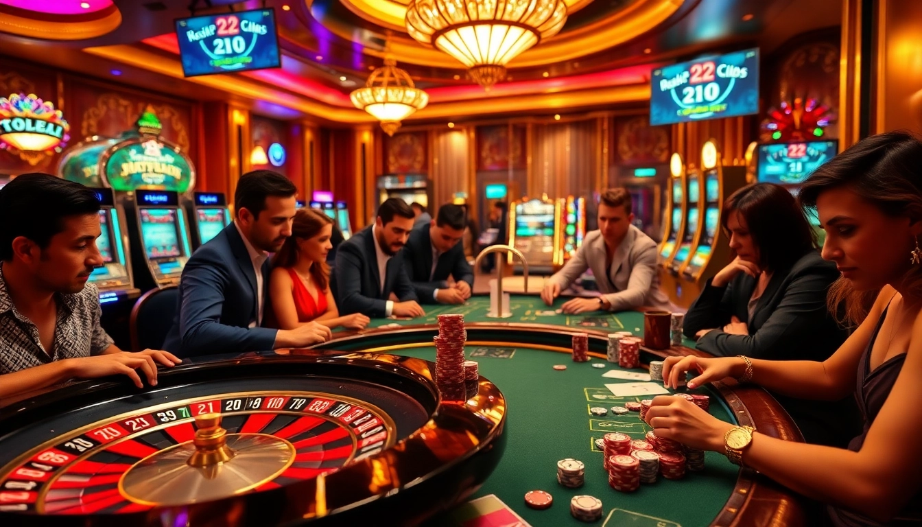 Players enjoying their game at 22jl club inside a vibrant casino atmosphere with poker chips and roulette.