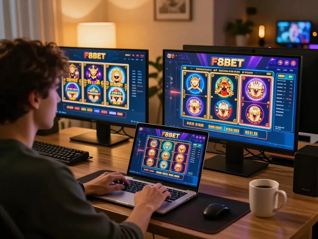 Engaging in interactive F8BET casino games on a laptop in a cozy home office setting