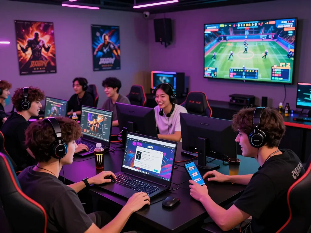 Engaged gamers enjoying the jun888 platform in a vibrant gaming lounge environment.