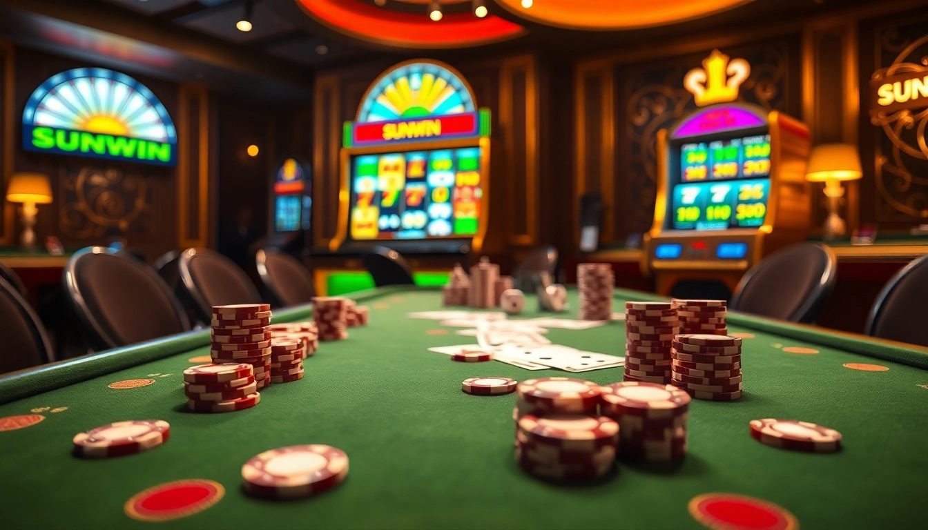 SUNWIN casino table featuring vibrant poker chips and cards in an upscale gambling environment.