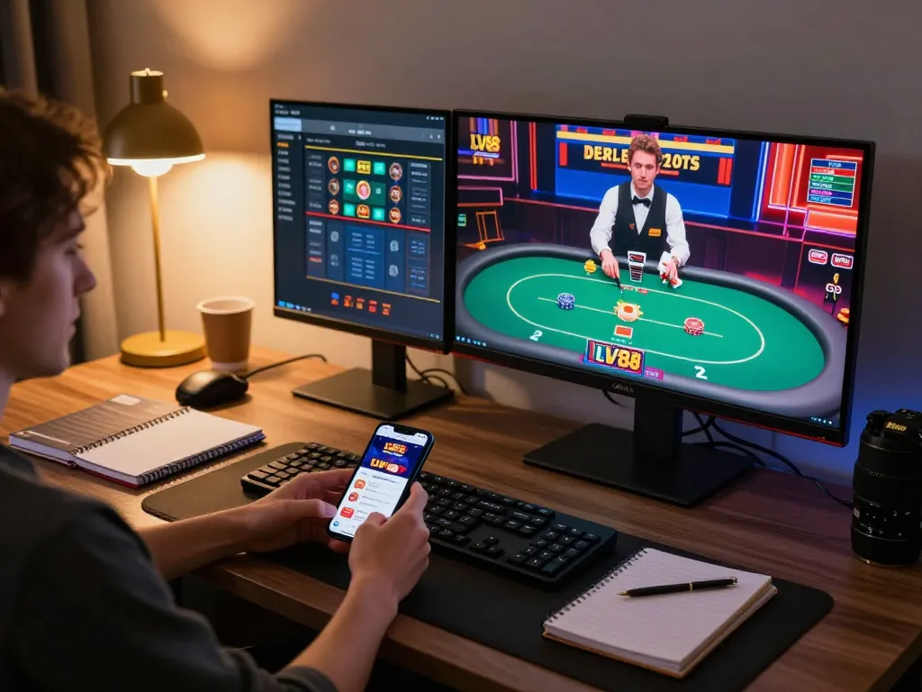 Player engaging with LV88 casino app on smartphone, surrounded by multiple screens showing live dealer games