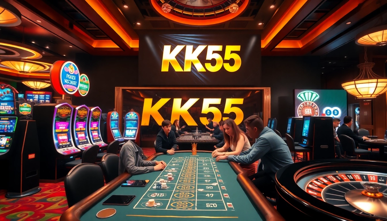 Engaging players at the KK55 casino tables with vibrant poker chips and a roulette wheel.