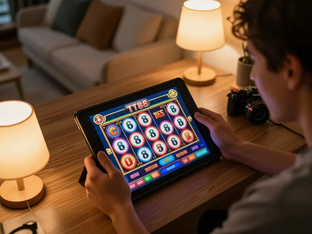 Engaged player enjoying TT88 slots on a tablet in a cozy home setting, capturing online gambling excitement.