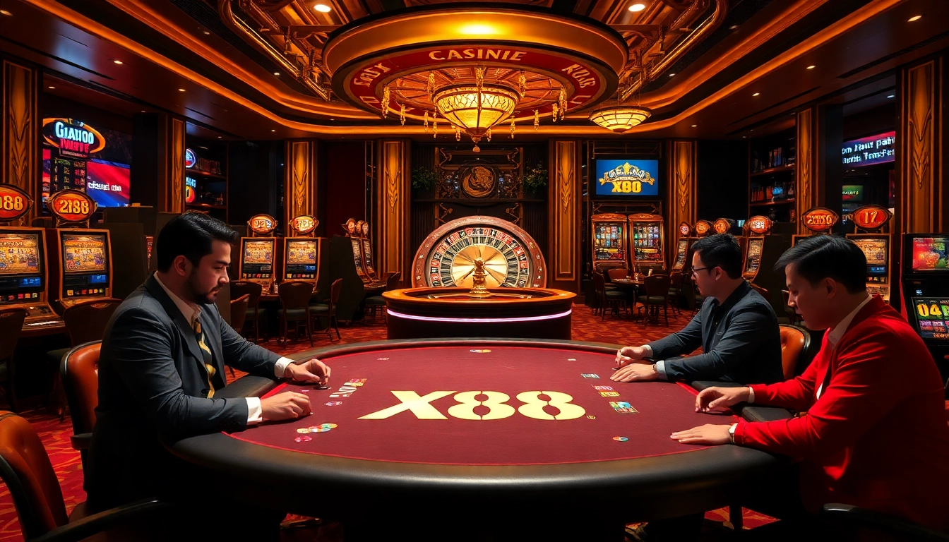 The excitement of X88's poker game at a luxurious casino table with colorful chips and cards.