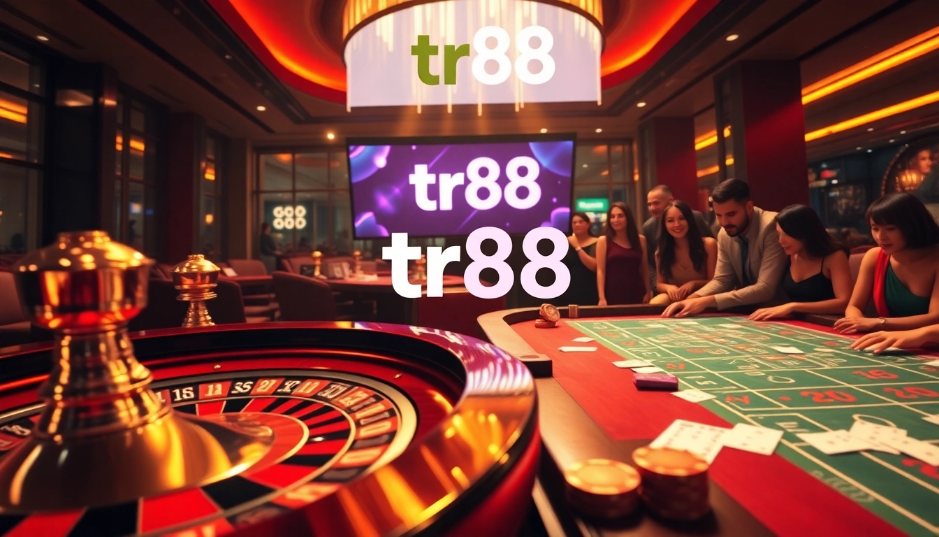 Players enjoying high-stakes games at a luxurious casino featuring tr88 branding amidst a vibrant atmosphere.