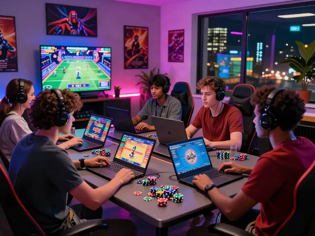 Players enjoying a lively non Gamstop casino atmosphere with gaming setups and city lights.