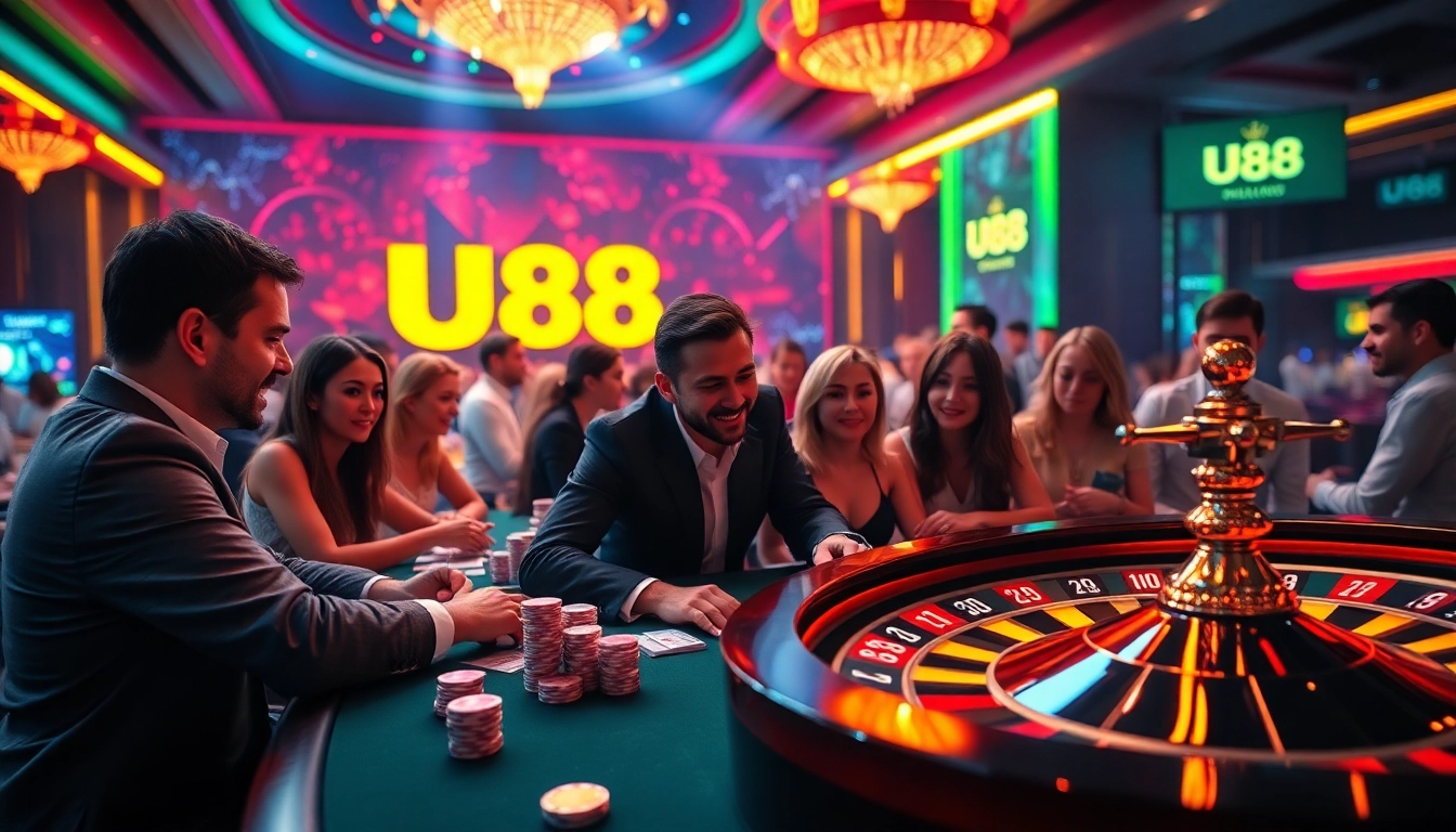 Exciting gameplay at UU88 com casino table with poker chips and roulette wheel.