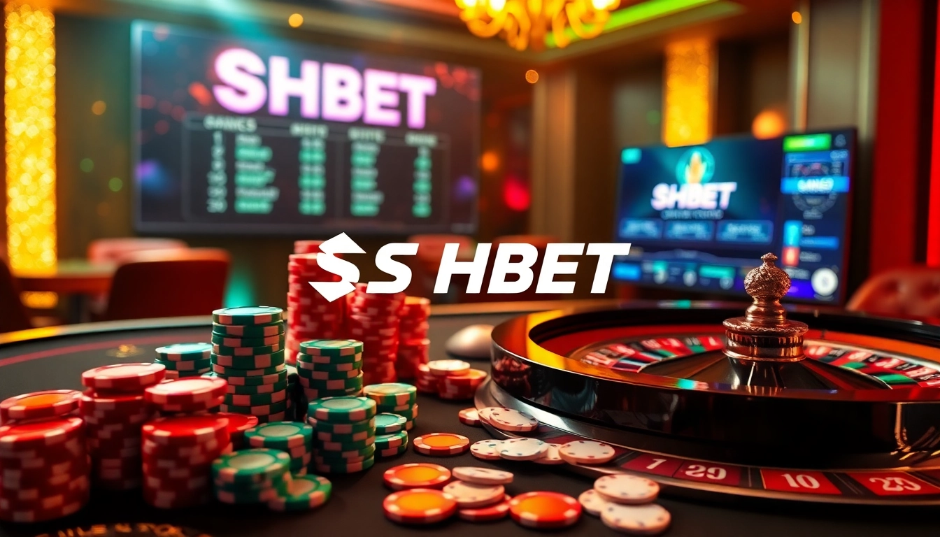 SHBET lừa đảo không showcased in a dynamic online casino environment with poker chips and roulette.