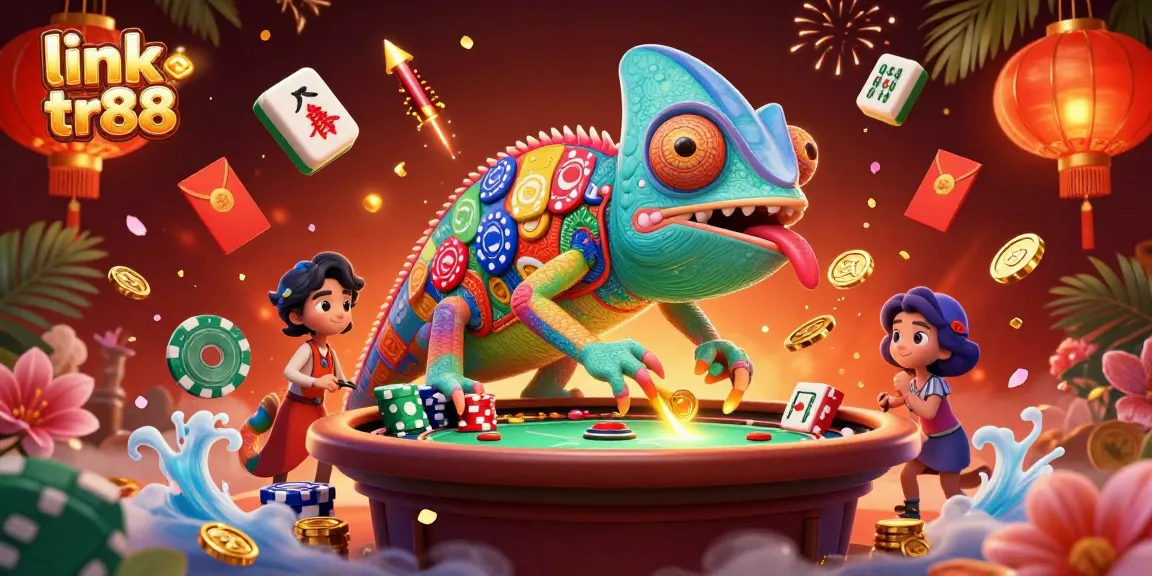 Engage in thrilling gameplay at link tr88 with a vibrant chameleon casino owner and festive gaming elements.