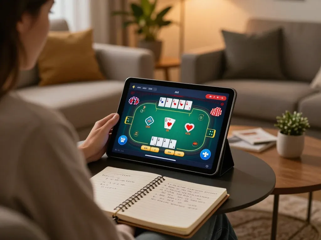 Engaging in online gambling at home on link cf68, showing poker game interface and strategy notes.