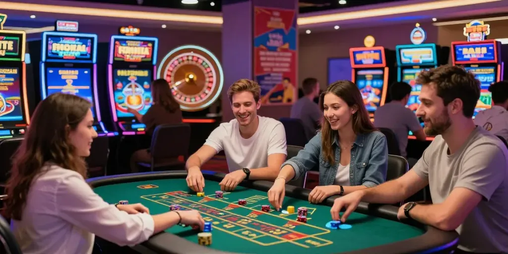 Diverse players enjoying games at a lively non Gamstop casino, highlighting excitement and modern gaming.