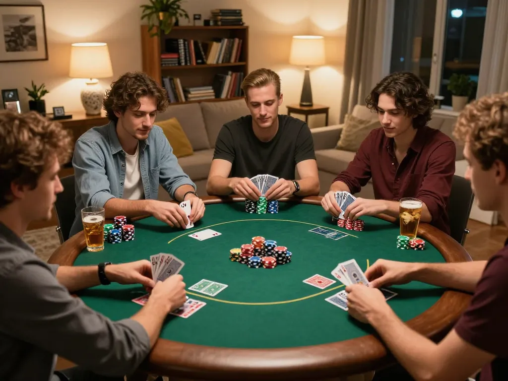 DABET players enjoying a thrilling poker game with chips and cards in hand in a cozy living room.