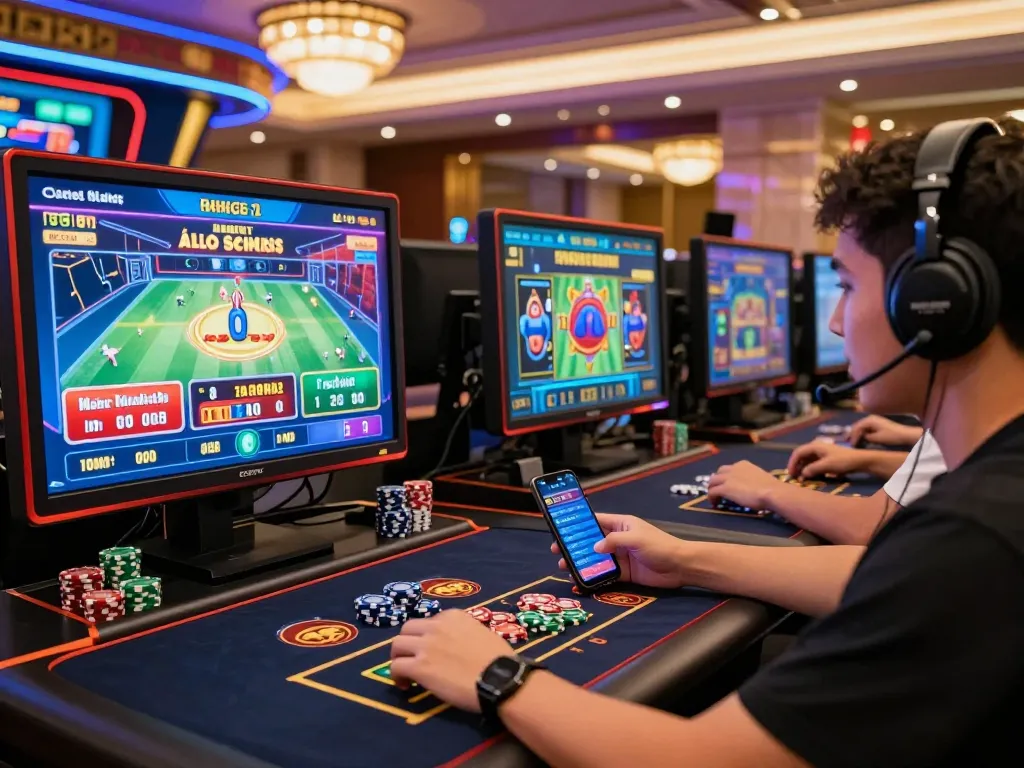 Player enjoying a diverse gaming experience at nhà cái Onbet with multiple screens and modern tech devices.