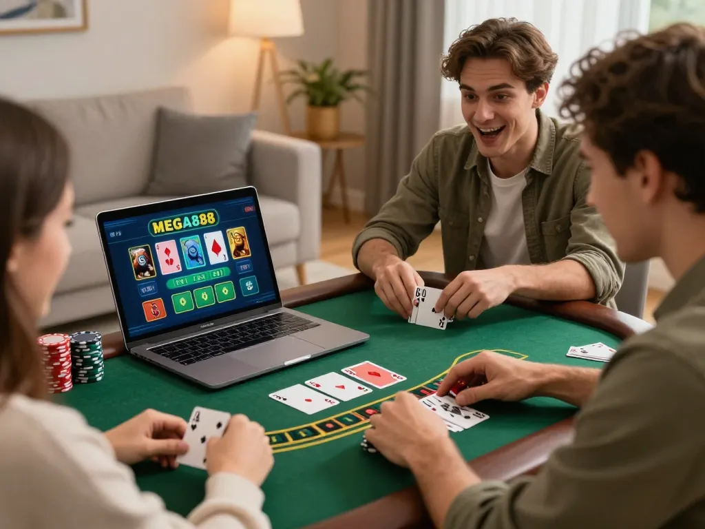 Players strategizing wins in MEGA888 online blackjack gameplay, showing excitement and interaction in home setting.