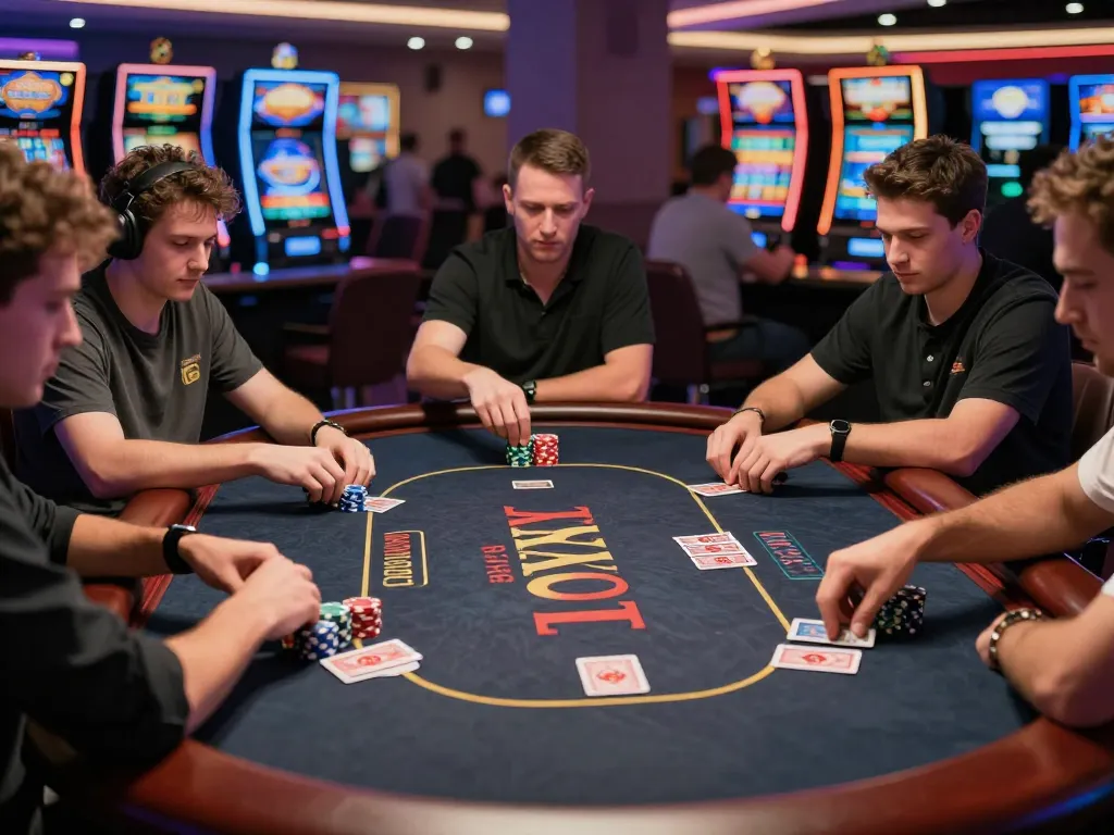 Players engaging in intense Texas Hold'em gameplay at https://tx88at.com/ with poker chips and cards visible.