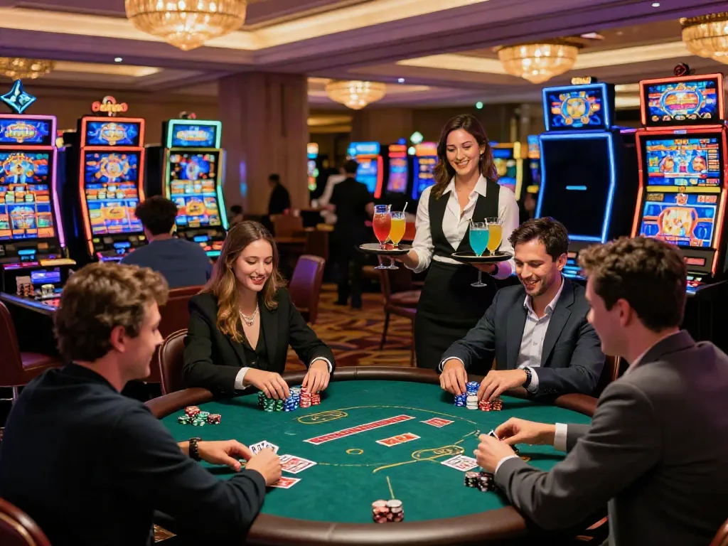 Engaging scene at a non Gamstop casino with players around a poker table and vibrant casino atmosphere.