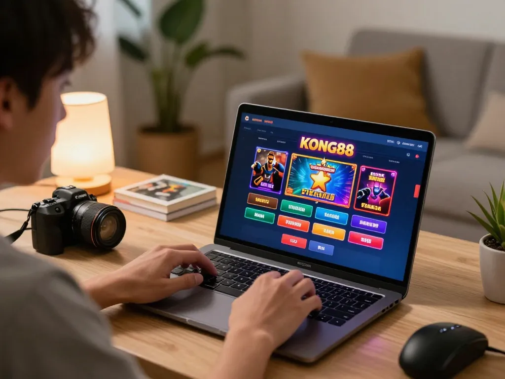 KONG88 online gaming session with laptop showing colorful casino games and cozy background