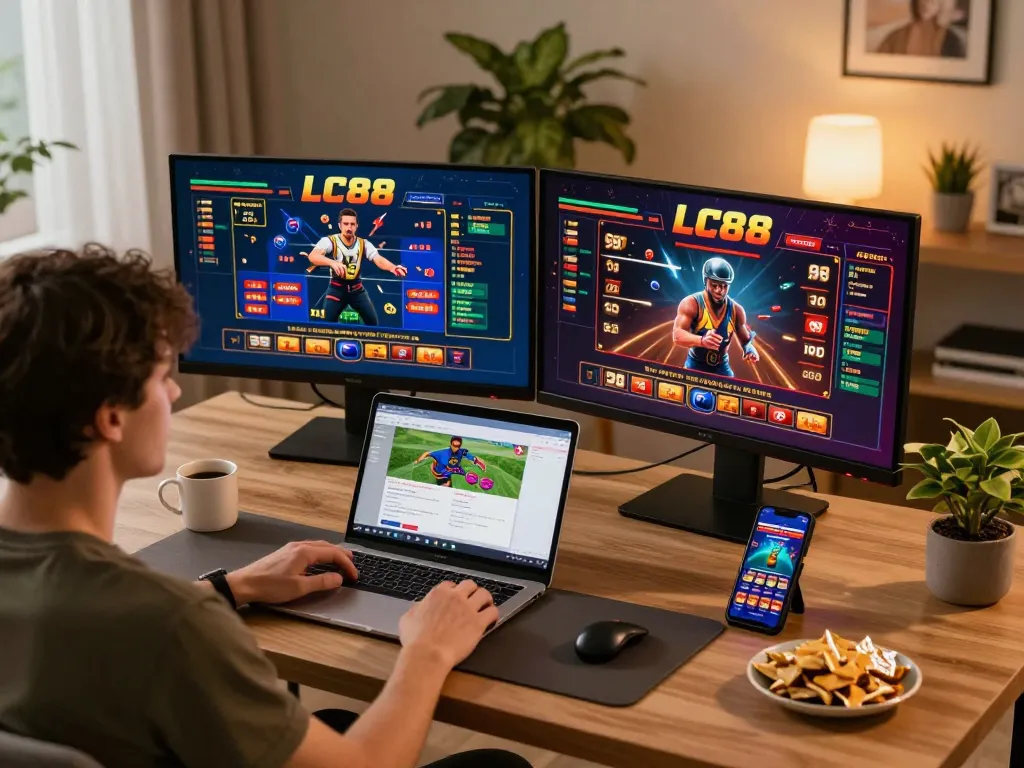 LC88 player immersing in an online casino game at home, showcasing a dynamic and engaging gaming environment.
