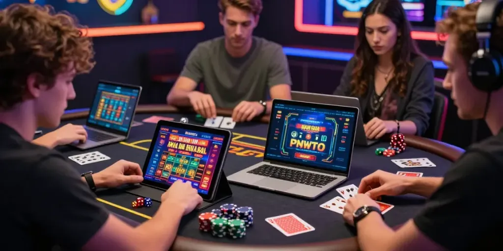Exciting scene of players enjoying non Gamstop casino games on various devices in a vibrant setup.