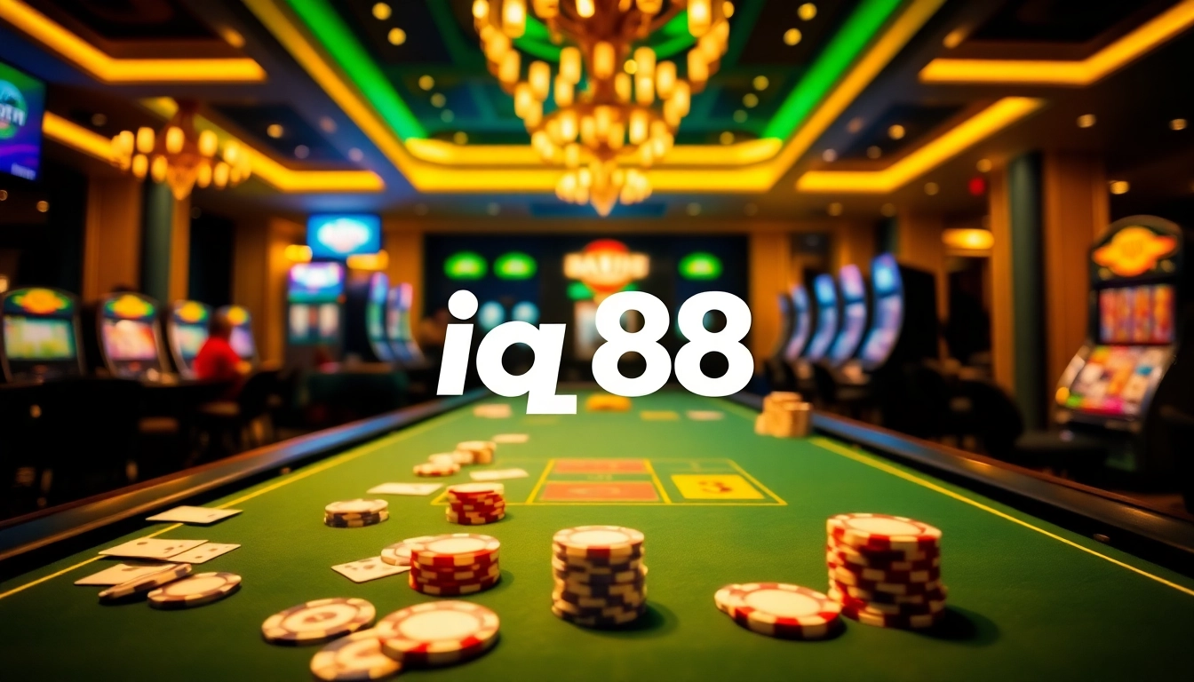 Experience the excitement of iq88 as players engage at a vibrant casino table filled with poker chips and cards.
