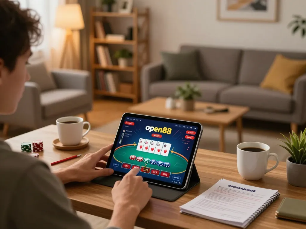 Enjoying an exciting game on open88 while managing bankroll in a cozy home setup.